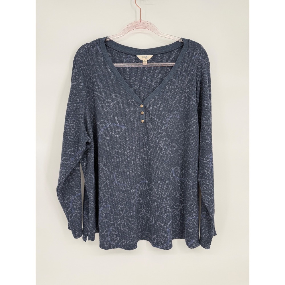 Terra & Sky Womens Blue Waffle Knitโ Henley V-Neck Long Sleeve Top Sz 3X